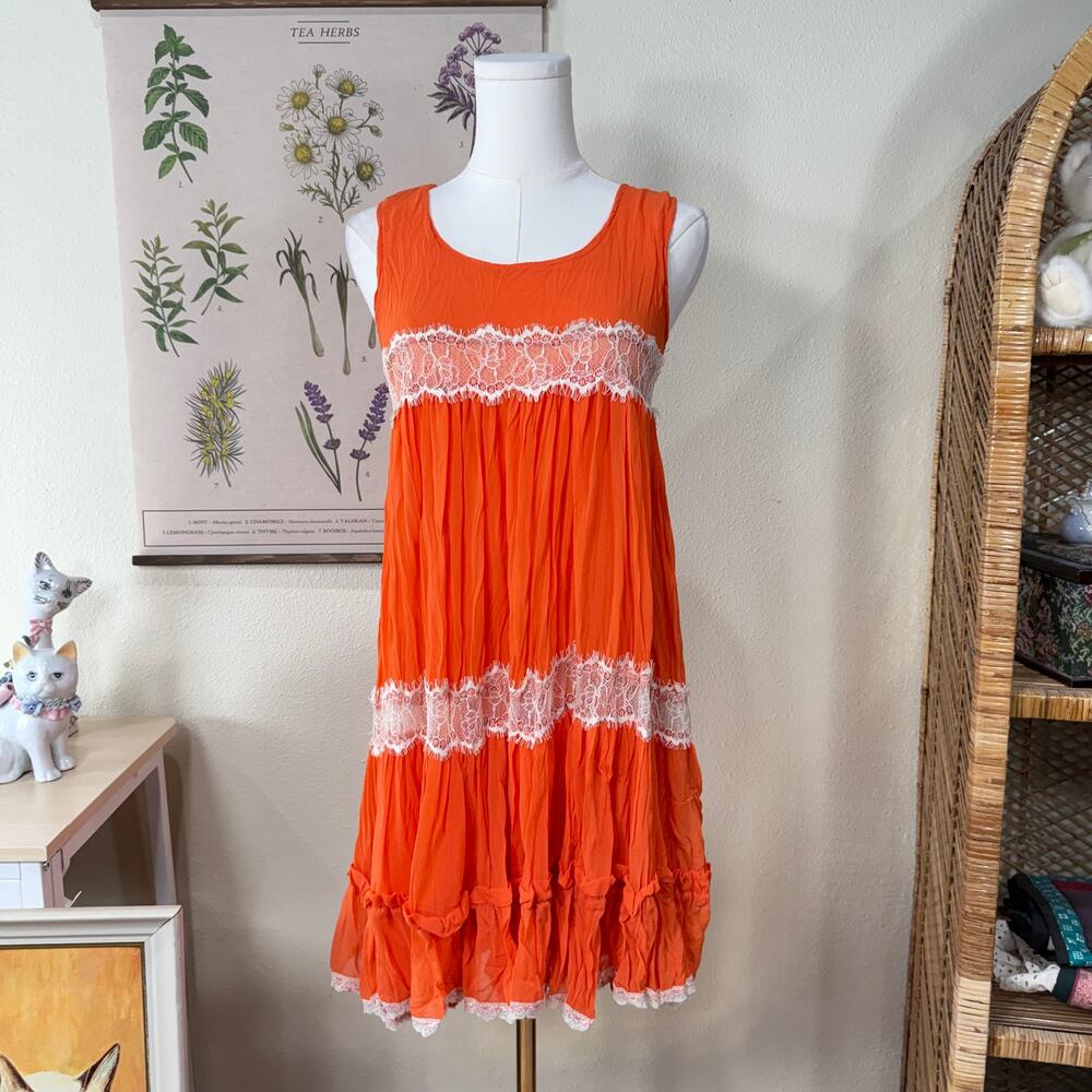 Vintage 70s Orange Lace Tiered Mini Dress Mod Retro Coastal Cowgirl Fairy XS